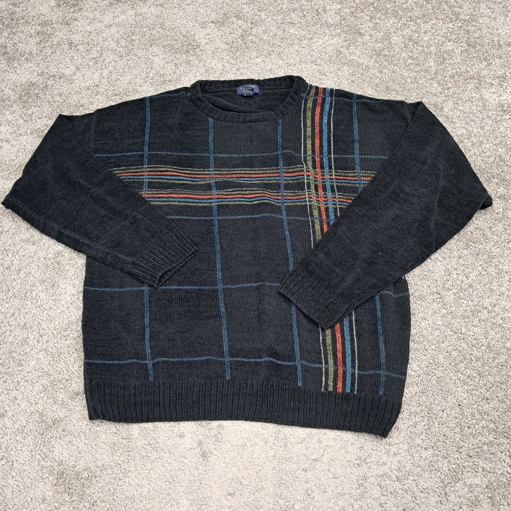 Dockers Mens XL Chenille Knit Sweater Black Striped Crew Neck RN15610